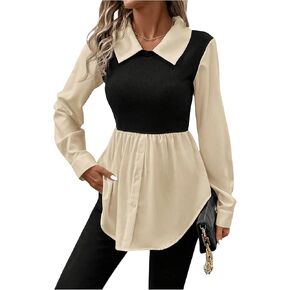 MakeMeChic Women's Color Block Rib Knitted Collar Long Sleeve 2 in 1 Shirt Blouse Peplum Tops