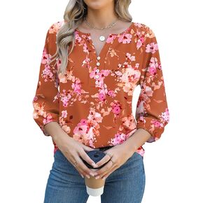 Micoson Womens 3/4 Sleeve Tops Dressy Casual V Neck Chiffon Work Blouses Loose Fit Business Button Down Shirts