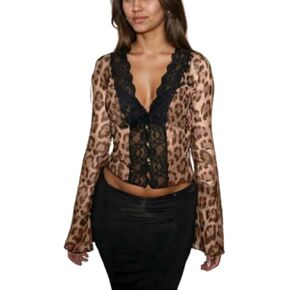 OCUH Sexy Lace Blouse Women Long Bell Sleeve Button Up Deep V Neck Tops Mesh Sheer Ladies Tops Coquette Clothes