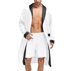 SWOMOG Mens Satin Robe Lightweight Silk Spa Bathrobe with Shorts Nightgown Long Sleeve House Kimono Bathrobe Set