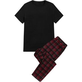 OYOANGLE Men's 2 Piece Pajamas Set Loungewear Pjs Pjs Short Sleeve T Shirt and Plaid Pants