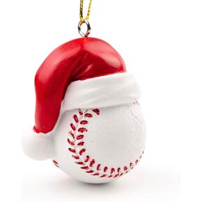Resin Baseball Ornament with Red Santa Hat, Hanging Christmas Tree Sports Ball, Gold String, 2.5 Inches