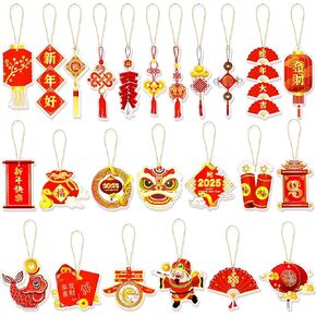 HOWAF 48pcs Chinese New Year Decorations Chinese New Year Hanging Ornament Set, Good Luck Red Lanterns Red Envelope Paper Fans for 2025 Year of The Snake Tree Ornaments, Spring Festival Ornaments