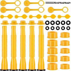 Gas Can Spout Replacement Kit, Gas Can Nozzle Replacement, Flexible Pour Nozzle Fit For 1/2/5/10 Gallon Gas Cans(5 Kit-Yellow). With Nozzle, Gas Vent caps, Rubber Gasket, Thread Caps, Drill Bit