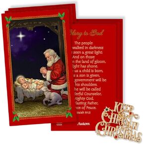 Keep Christ In Christmas Lapel Pin with Adoring Santa Prayer Card, Religious Holiday Stocking Suffers, 4 Items