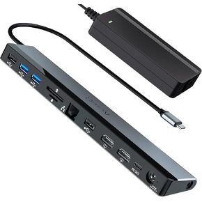 محطة إرساء USB C شاشة مزدوجة، مزدوجة 4K عند 60 هرتز كحد أقصى لأجهزة الكمبيوتر المحمول DP1.4، مزدوجة 4K عند 30 هرتز كحد أقصى لأجهزة الكمبيوتر المحمول DP1.2، 2 * HDMI، 4 * USB، قاعدة Thunderbolt، فتحة SD/TF، ​​إيثرنت، صوت، مع محول طاقة 96 واط، NQ-DK-02P