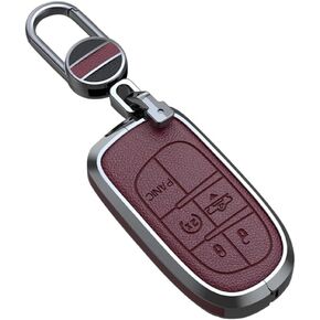 ontto 5-button Key Fob Holder Fit for Jeep Grand Cherokee Smart Remote Car Key Cover Fit for Dodge Challenger Charger Dart Durango Journey Metal and Leather Key Case Fit for Chrysler 200 300 Black