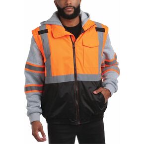 Bass Creek Outfitters Men's Safety Jacket - Hooded Two-Fer Workwear Vest with Reflective Tape & Fleece Sleeves (Sizes: M-XXL)