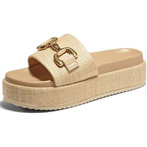 Coutgo Womens Platform Sandals Raffia Espadrilles Metal Chain Slip on Open Toe Cute Beach Slide Sandals