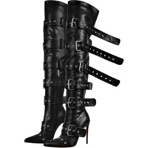 Multi Buckle Strap Over the Knee Pointed Toe Belts Stiletto Heeled Booty Thigh High in Kuwait