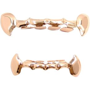 24K Gold Plated Grillz Vampire Fangs Grill Top & Bottom Hip Hop Mouth Teeth Caps For Gift + Extra Molding Bars + Microfiber Cloth