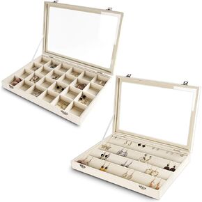 Frebeauty Jewelry Organizer Tray with Clear Lid Velvet Jewelry Storage box with Transparent Glass lid (Beige, 2 set)