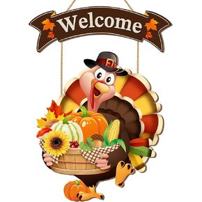 Thanksgiving Turkey Welcome Door Sign Decor, Wooden Wreath for Front Door Hanger, Yard Farmhouse Home Gobble Sign, Give Thanks Rustic Autumn Harvest Sunflowers Pumpkins Thanksgiving Party Decor