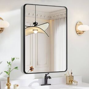 Black Bathroom Mirror for Over Sink Vanity 22X30 Inch Mirrors with Metal Framed Modern Rectangle Wall Mounted Mirror w/Rounded Corner for Bathroom,Bedroom Easily Hangs Horizontal or Vertical