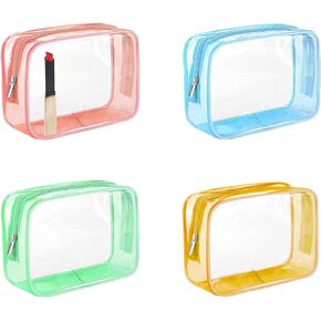 Clear Makeup Bag (4 Packs), Small TSA Approved Toiletry Bags for Traveling Small Size Cosmetic Storage Pouches for Women Organizer with Zipper Pink Orange Green Blue
