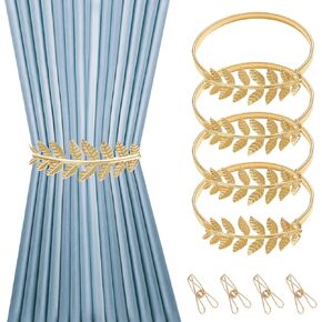 4 Pack Gold Curtain Tiebacks Adjustable Length Spring Curtain Holdbacks Leaf Curtain Tiebacks Aluminum Alloy Design Curtain Holdback with Gold Curtain Clips for Home Bedroom Living Room and Office