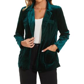 MINTLIMIT Velvet Jackets Blazer Suit for Women Lapel Button Long Sleeve Casual Work Office Blazer Jacket Tailored Outfit with Pockets, L, Dark Green