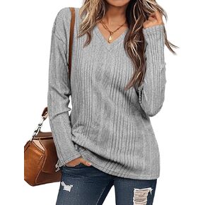 Ficerd Women's V Neck Tunic Sweater, Long Sleeve Casual Pullover Sweater Ribbed Knit Shirt Lightweight Tunic Top 2025 Trendy