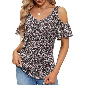 Womens V Neck Tops Cold Shoulder Short Sleeve T-Shirt Pleated Floral Printed Tunic Blouse Tops Shirt Tops