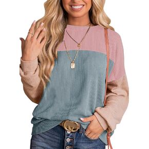 KINGFEN Long Sleeve Shirts for Women Cute Color Block Tops Casual Waffle Knit Shirt