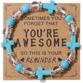 Christian Gifts Natural Stone Cross Transparent Beads Stretch Bracelets for Women Men Faith Easter Catholic Religious Meaningful Baptism Communion Christian Beads Bracelets