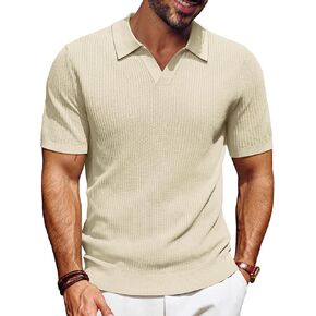 PJ PAUL JONES Men's Polo Shirts Short Sleeve V-Neck Ribbed Polo Shirt Casual Breathable Knit Polo