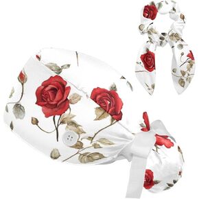 Red Blooming Rose Flowers Black Working Cap with Scrunchy and Ribbon Tie for Women, Long Hair