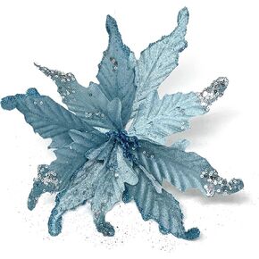 Allgala 6-PK Glitter and Sequin Decorated Fabric Poinsettia Artificial Christmas Flower with Clips-Red-XF93303