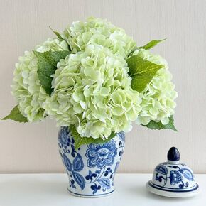 3 PCS Light Green Silk Artificial Hydrangea Flowers 21" Faux Large Real Touch Latex Floral Head with Long Stems Leaves for Wedding Home Kitchen DIY Bouquet Bride Decor