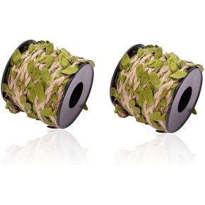 Burlap Leaf Ribbon 2 Rolls 66 Feet Total 5mm Natural Jute Twine with Artificial Green Leaves Braided Decorated Vine for Jungle Safari Party Wedding Garden Home Decor