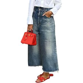 Flamingals Wide Leg High Rise Baggy Raw Hem Denim Jeans with Pockets