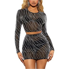MakeMeChic Women's 2 Piece Outfits Mesh Sheer Mini Skirts Set Crew Neck Long Sleeve Tops Clubwear