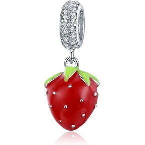 Christmas Apple Beads Red Enamel Charm 925 Sterling Silver Charms Apple with Clear Crystal Charm Fruit Lucky Birthstone Bead for Charm Bracelets (Strawberry Pendant Charms)