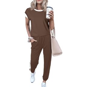 Dokotoo Women's 2 Piece Outfits Sweatsuit Colorblock Comfy Lounge Sets Knit Short Sleeve Jogger Sweatpants Tracksuits