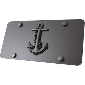 شعار Navy Ship Anchor ثلاثي الأبعاد باللون الأسود على لوحة ترخيص من الفولاذ المقاوم للصدأ (لوحة مقاس 12 بوصة × 6 بوصة، شعار أسود على أسود)