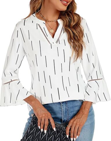 jonivey Womens Dressy Casual Blouses 3/4 Bell Ruffle Sleeve V Neck Business Tops Ladies Trendy Work Tunic Shirts in Kuwait