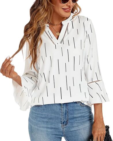 jonivey Womens Dressy Casual Blouses 3/4 Bell Ruffle Sleeve V Neck Business Tops Ladies Trendy Work Tunic Shirts in Kuwait