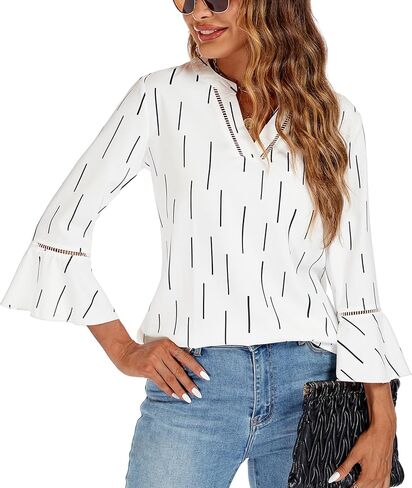 jonivey Womens Dressy Casual Blouses 3/4 Bell Ruffle Sleeve V Neck Business Tops Ladies Trendy Work Tunic Shirts in Kuwait