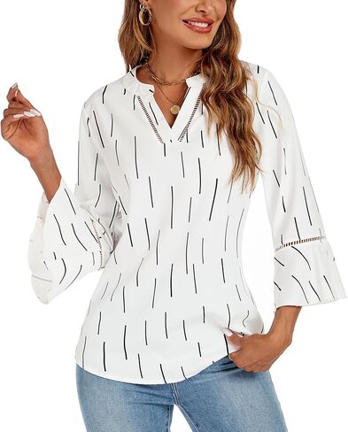 jonivey Womens Dressy Casual Blouses 3/4 Bell Ruffle Sleeve V Neck Business Tops Ladies Trendy Work Tunic Shirts in Kuwait