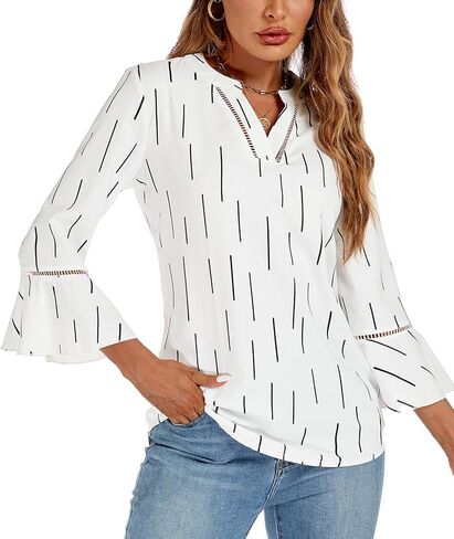 jonivey Womens Dressy Casual Blouses 3/4 Bell Ruffle Sleeve V Neck Business Tops Ladies Trendy Work Tunic Shirts in Kuwait