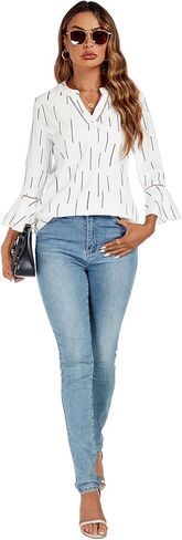 jonivey Womens Dressy Casual Blouses 3/4 Bell Ruffle Sleeve V Neck Business Tops Ladies Trendy Work Tunic Shirts in Kuwait