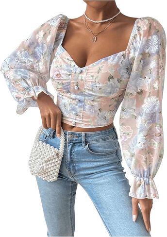 MakeMeChic Women's Floral Off Shoulder Flare Long Sleeve Ruched Shirred Blouses Crop Top in Saudi Arabia