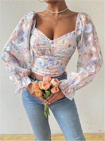 MakeMeChic Women's Floral Off Shoulder Flare Long Sleeve Ruched Shirred Blouses Crop Top in Saudi Arabia
