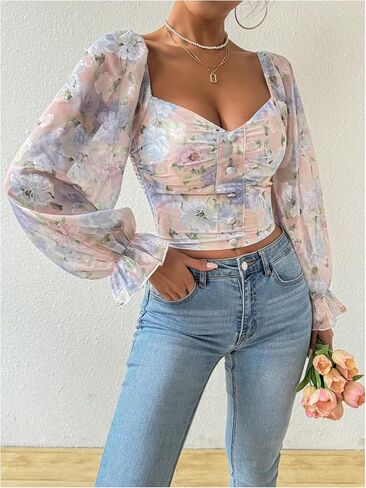 MakeMeChic Women's Floral Off Shoulder Flare Long Sleeve Ruched Shirred Blouses Crop Top in Saudi Arabia