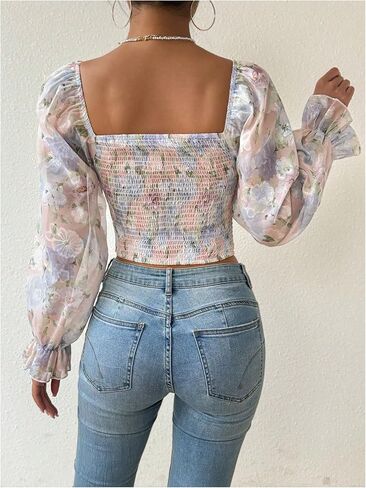 MakeMeChic Women's Floral Off Shoulder Flare Long Sleeve Ruched Shirred Blouses Crop Top in Saudi Arabia