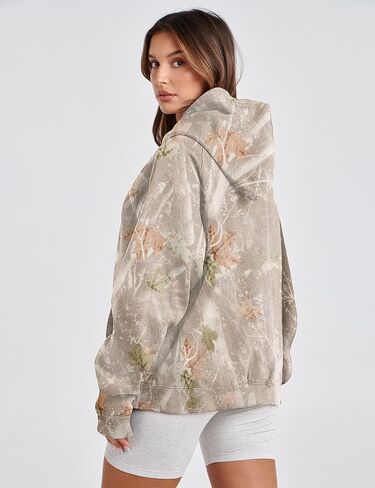 Womens Camo Hoodies Maple Leaf Print Oversized Hooded Sweatshirt Long Sleeve Camouflage Graphic Pullover Sweatshirt in Saudi Arabia