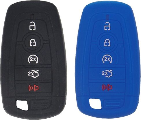 LemSa 2pcs 5 Buttons Silicone Smart Key Fob Cover Remote Keyless Entry Case Compatible with Ford Fusion F250 F350 F450 F550 Edge Explorer 2019 2018 2017 Mustang F-150 Expedition Ecosport, Black+Blue in Kuwait
