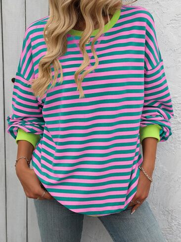 CASURESS Women Striped Oversized Sweatshirt Long Sleeve Crewneck Shirts Fall Fashion Pullover Sweater in Kuwait