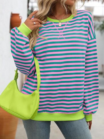 CASURESS Women Striped Oversized Sweatshirt Long Sleeve Crewneck Shirts Fall Fashion Pullover Sweater in Kuwait