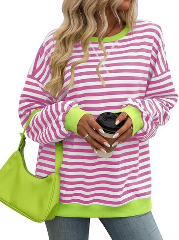 CASURESS Women Striped Oversized Sweatshirt Long Sleeve Crewneck Shirts Fall Fashion Pullover Sweater in Kuwait